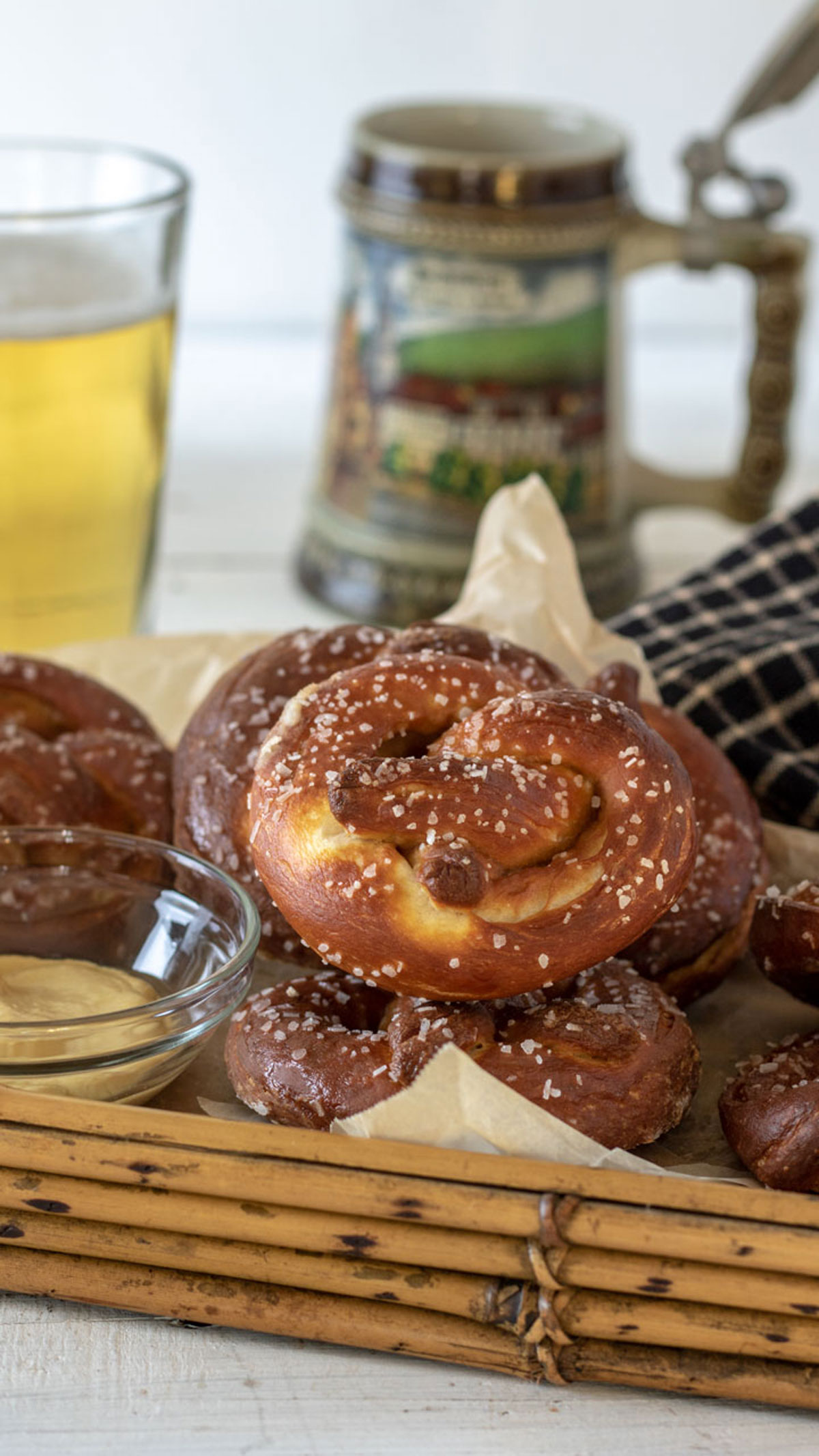 German pretzels in bamboo basket.