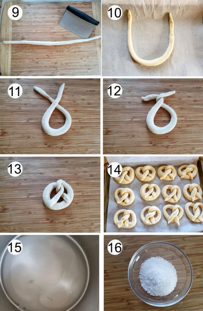 Step by step photographs of the process for making German pretzels. See details in recipe below.