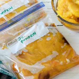 Freezer bags filled with mashed pumpkin and labelled pumpkin, 2 cups.
