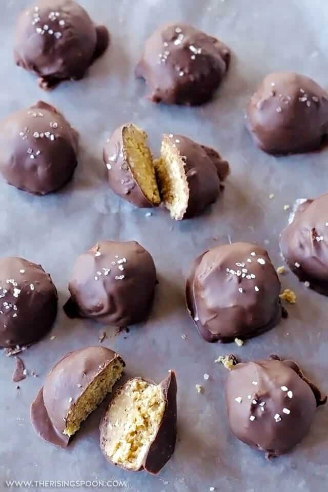 Peanut butter balls on gray background