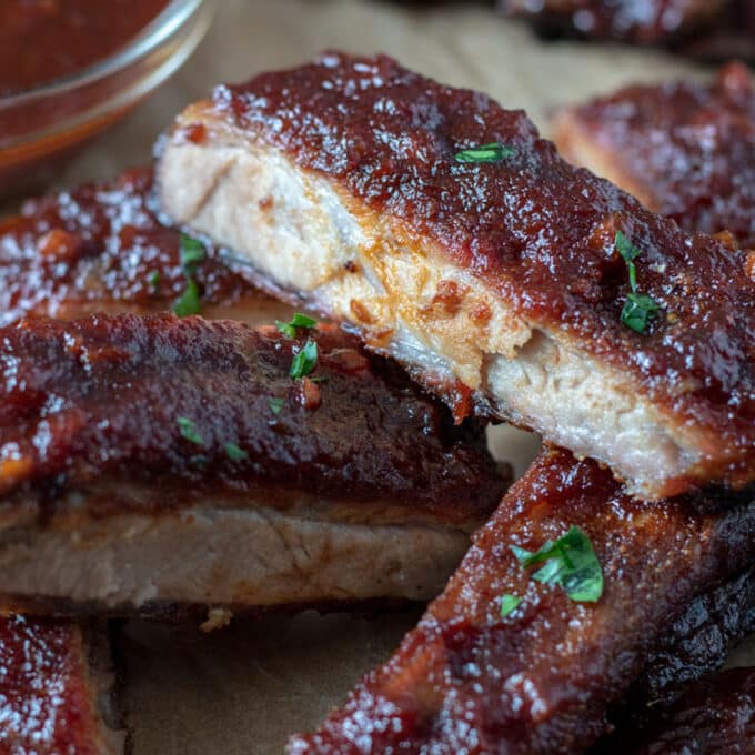 Stacked smoked ribs.