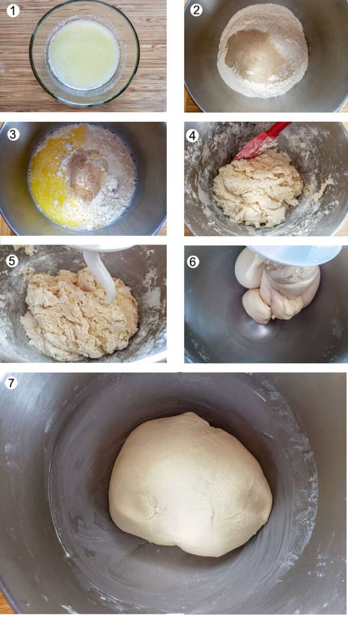 Melted butter in bowl. Dry ingredients, yeast added to large bowl. Wet ingredients add. Dough mixed up. Dough before kneading. Dough after kneading. Dough added to greased bowl.