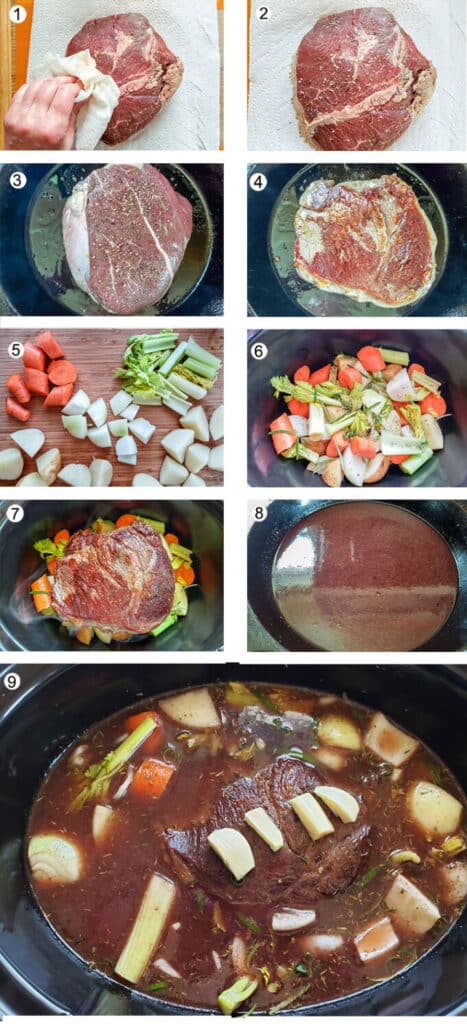 Drying off roast. Salt and pepper added. Browning roast in pan. Roast flipped over. Cut up vegetables. Veges added to crockpot. Beef added to crockpot. Red wine deglazing pan. Roast covered with beef stock.