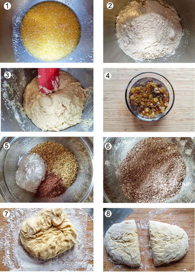 warmed wet ingredients. Dry ingredient added, Mixed dough. Raisins soaking. filling ingredients in bow, Mix up. Dough after rising. Dough cut in half.