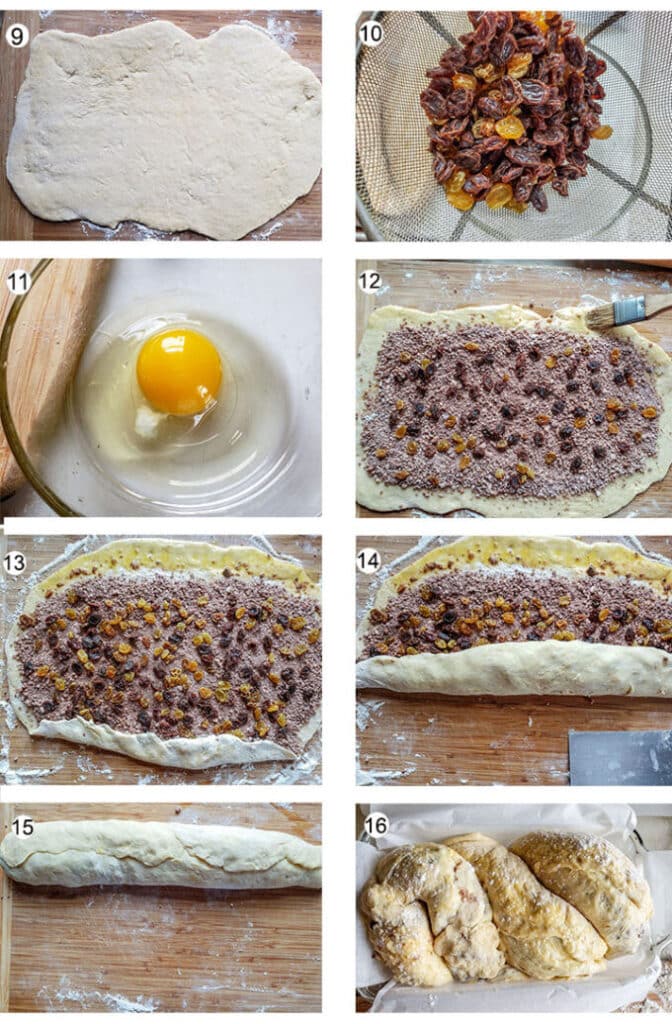 Rolled dough. Raisins drained. egg in bowl. Filling and raisins added to top of dough. Dough brushed with egg. Dough being rolled. Log of dough. Twisted dough in pan.