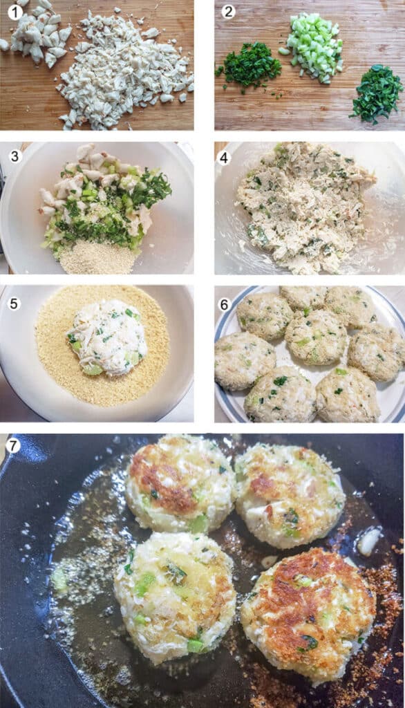 Crab meat chopped on board. Veges chopped on board. Ingredeints in bowl. Mixed up ingredients. Patties dipped in breading. Cakes on a plate. Cakes frying in pan.