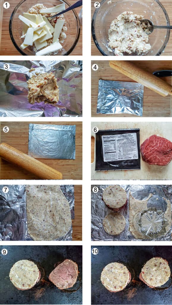 Ingredients in bowl. Mixed up ingredients. Crust on aluminum foil. Sealed foil pouch. Pouch rolled flat. beef filet. Frozen crust. Crust cut into circles. Beef on baking sheet. Beef topped with crust.
