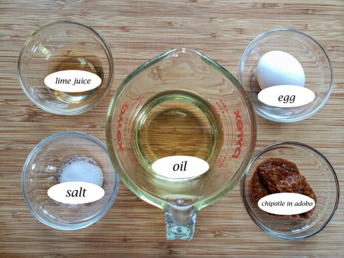 Ingredients- lime juice, salt, oil, chipotles in adobo, egg.