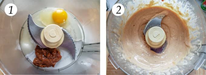 All ingredients in food processor bowl. Emulsified aioli in food processor.