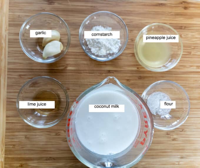Ingredients for sauce - garlic, cornstarch, pineapple juice, lime juice, coconut milk, salt