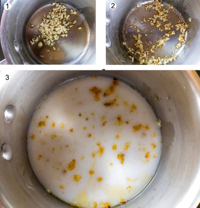 For sauce; saute garlic in olive oil. add coconut milk and remaining ingredients.