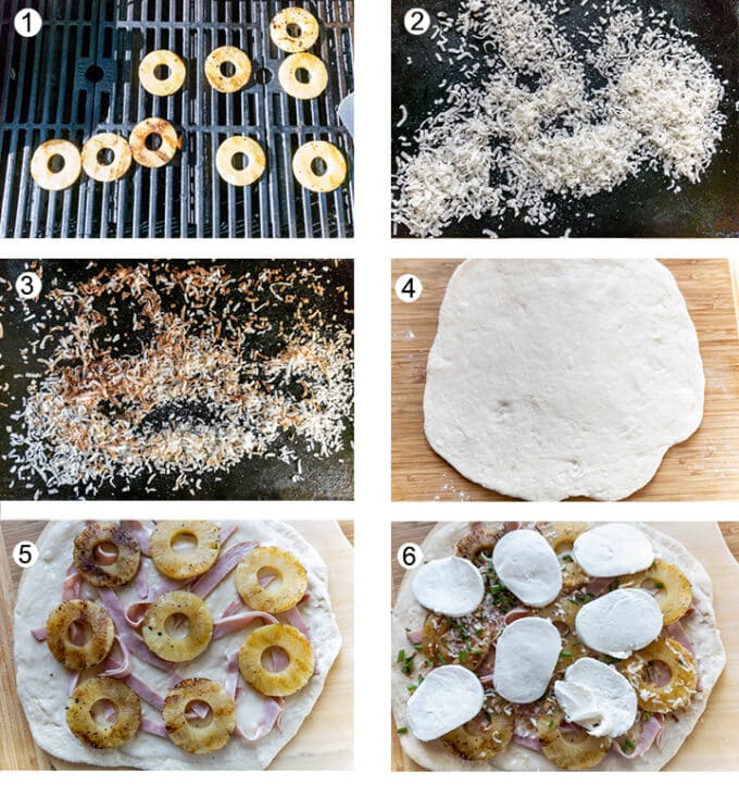 For pizza; grill pineapple. place coconut on baking sheet. Toast in oven. Roll dough. Top with sauce, ham and pineapple, Top with coconut and mozzarella.