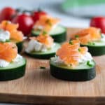 Cucumber appetizers with homemade lox and cream cheese.