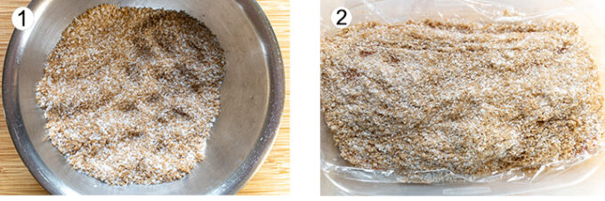 Salt & sugar mixed in bowl. Salmon placed in plastic wrap topped with salt & sugar mix.