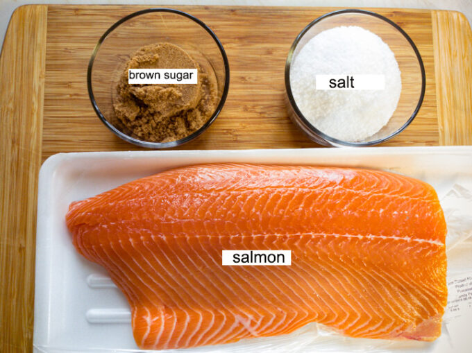 Ingredients needed; salmon, brown sugar, salt.