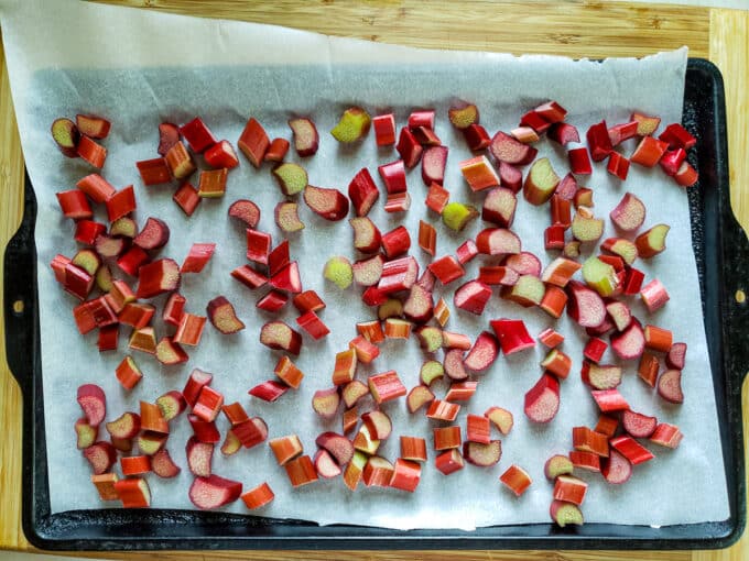 Rhubarb in single layer on parchment.
