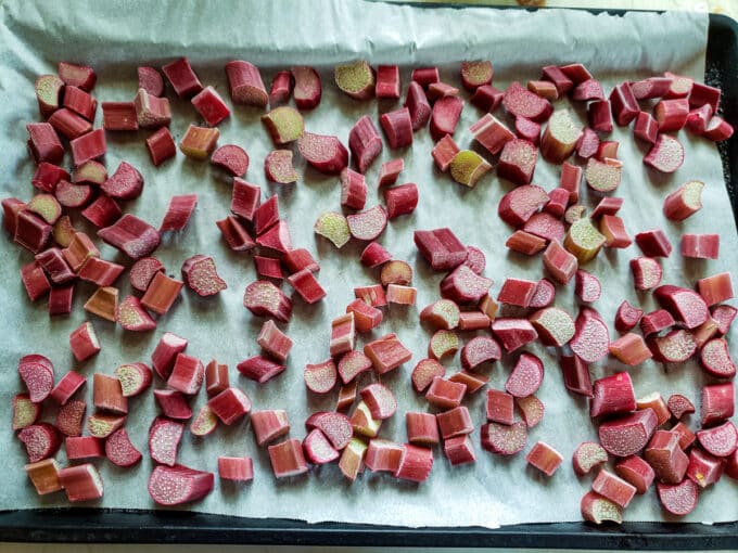 Frozen rhubarb on parchment.