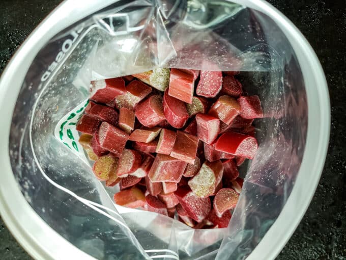 Frozen rhubarb poured into bag.