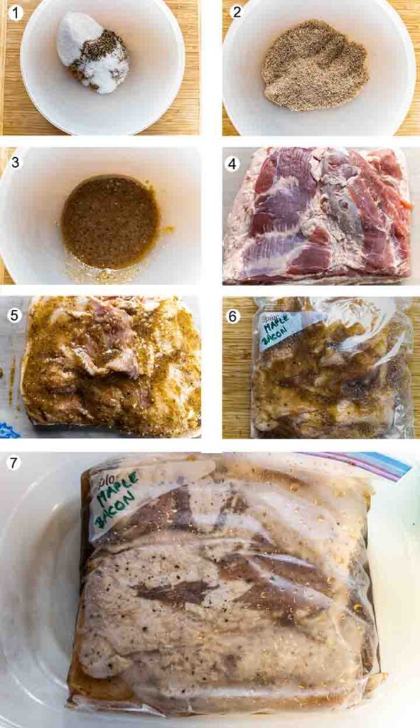 Dry ingredients in bowl. Dry ingredients mixed up. Maple syrup added and mixed. Slab of pork belly. Cure slathered on slab of belly. Belly added to large bag. Bacon after curing 7 days in bag.