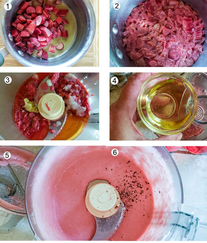 Orange juice and rhubarb is small pan. Cooked rhubarb. Rhubarb, onion, garlic honey in food processor. Streaming in oil. Emulsified dressing in food processor.