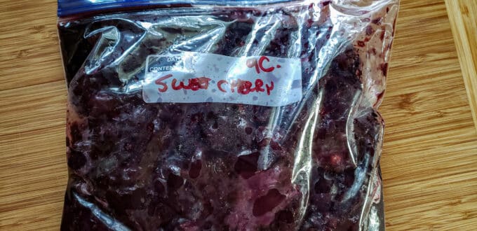 Sweet cherries in freezer bag.
