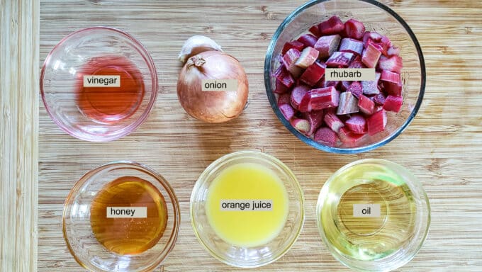 Vinaigrette ingredients; vinegar, onion, garlic, rhubarb, honey, orange juice, oil.