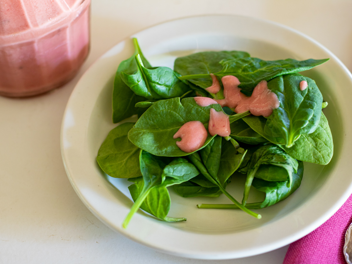 Spinach salad with rhubarb vinaigrette.