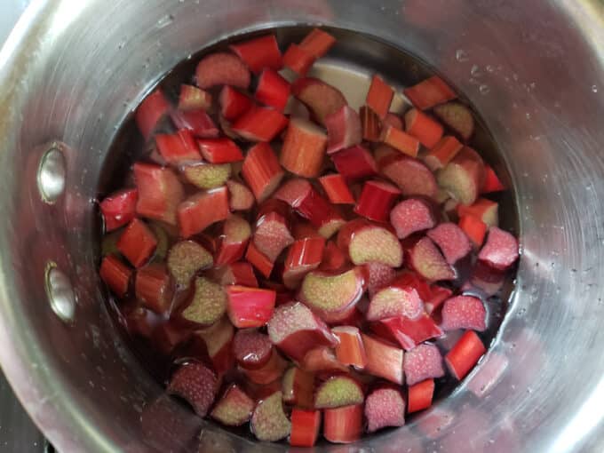 Chopped rhubarb and vinegar in saucepan.