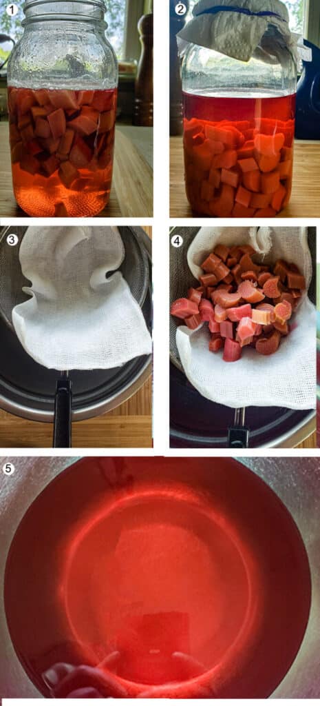 Rhubarb and vinegar in glass jar. Rhubarb vinegar after steeping/ Cheesecloth inside strainer. Vinegar and rhubarb drained in cheesecloth. Red rhubarb vinegar.