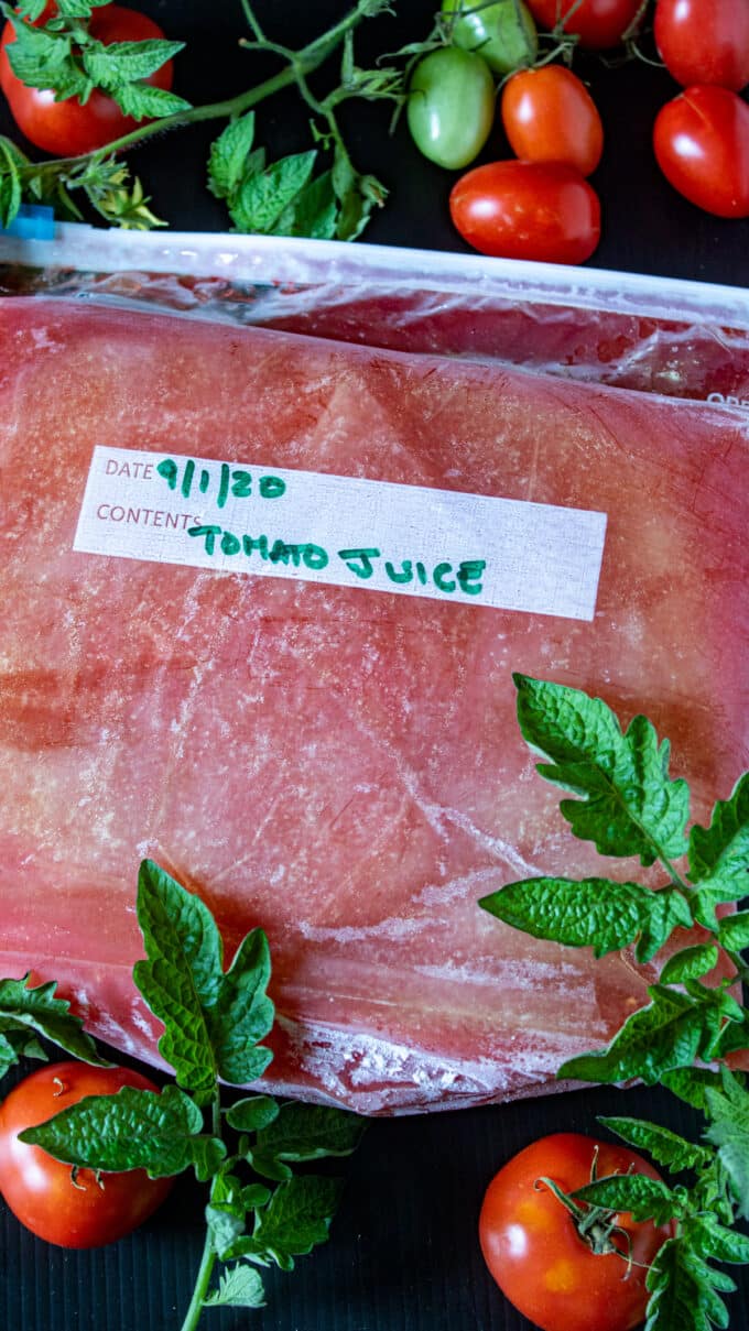 Frozen pureed tomatoes in bag