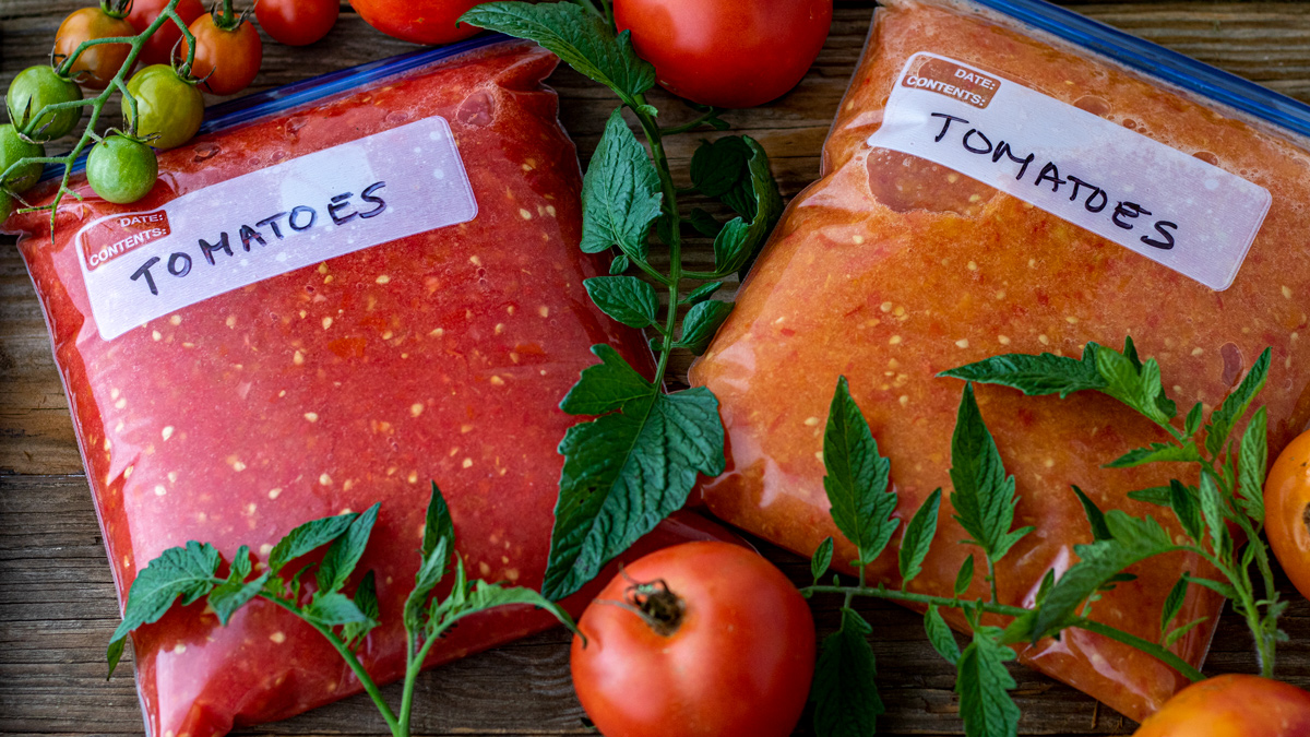 Two bags with tomato puree. One red tomato and the other yellow tomato puree.