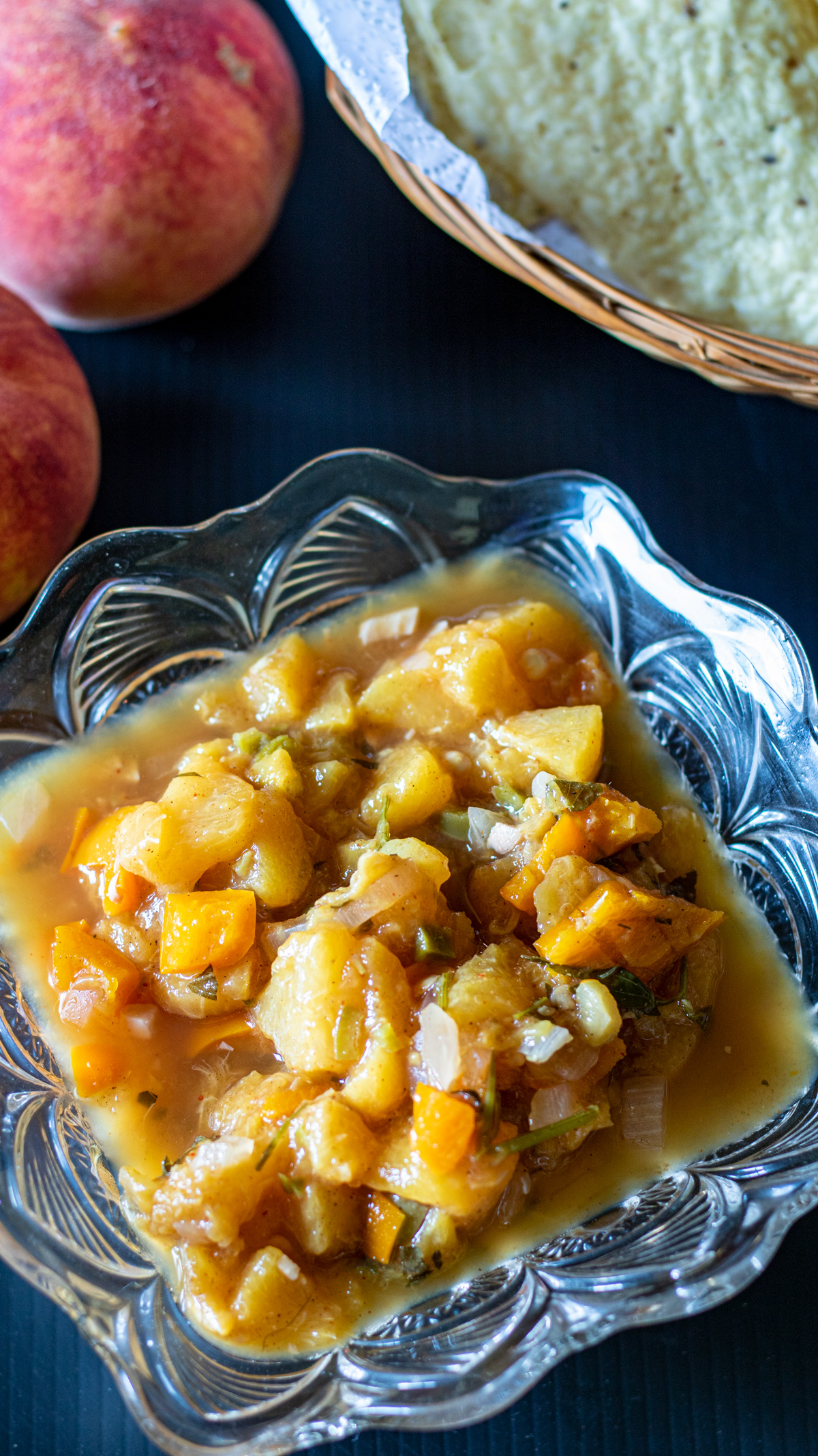 Square bowl with peach salsa.
