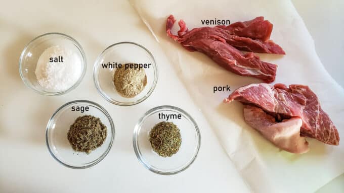 Ingredients for sausage- venison, pork, thyme, sage, salt, curing salt.