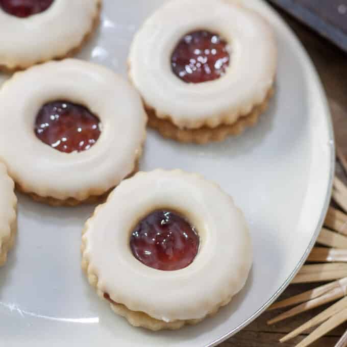 Close up of cookies on white plates.