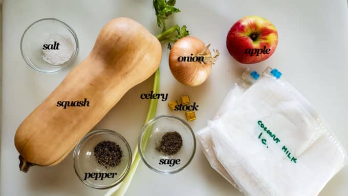 Ingredients for soup; squash, celery, onion, apple, celery, stock, celery sage, salt & pepper coconut milk.