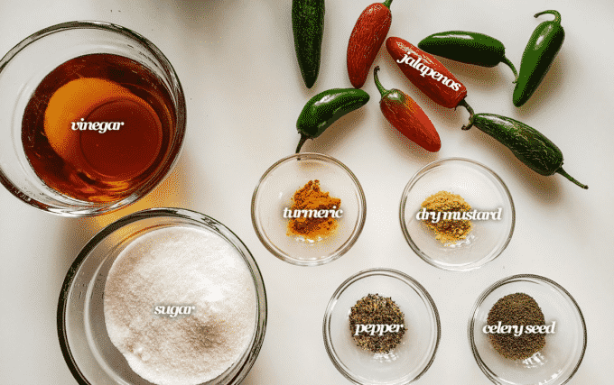 Ingredients for relish; peppers, sugar, vinegar, turmeric, dry mustard, pepper, celery seed.