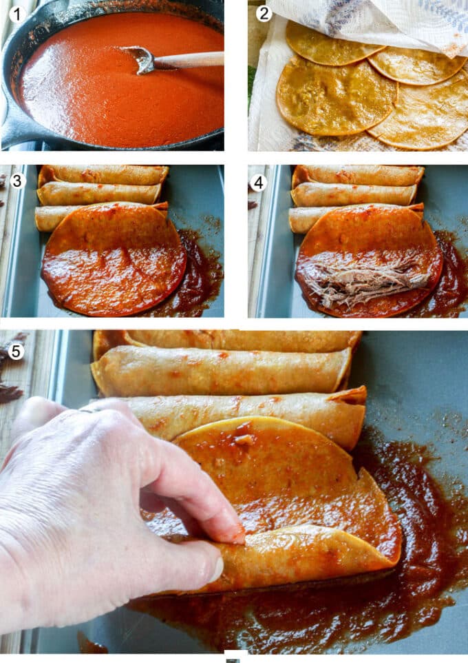 Steps by step photos for making enchiladas. See details in recipe below.