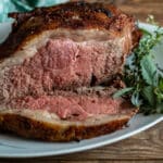Close up photo of sliced beef strip roast.