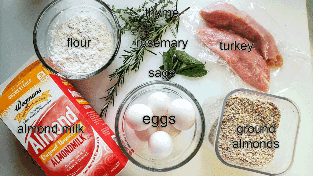 Ingredients for sauce; flour, thyem, sage, rosemary, sage, turkey, ground almonds, eggs, almond milk.
