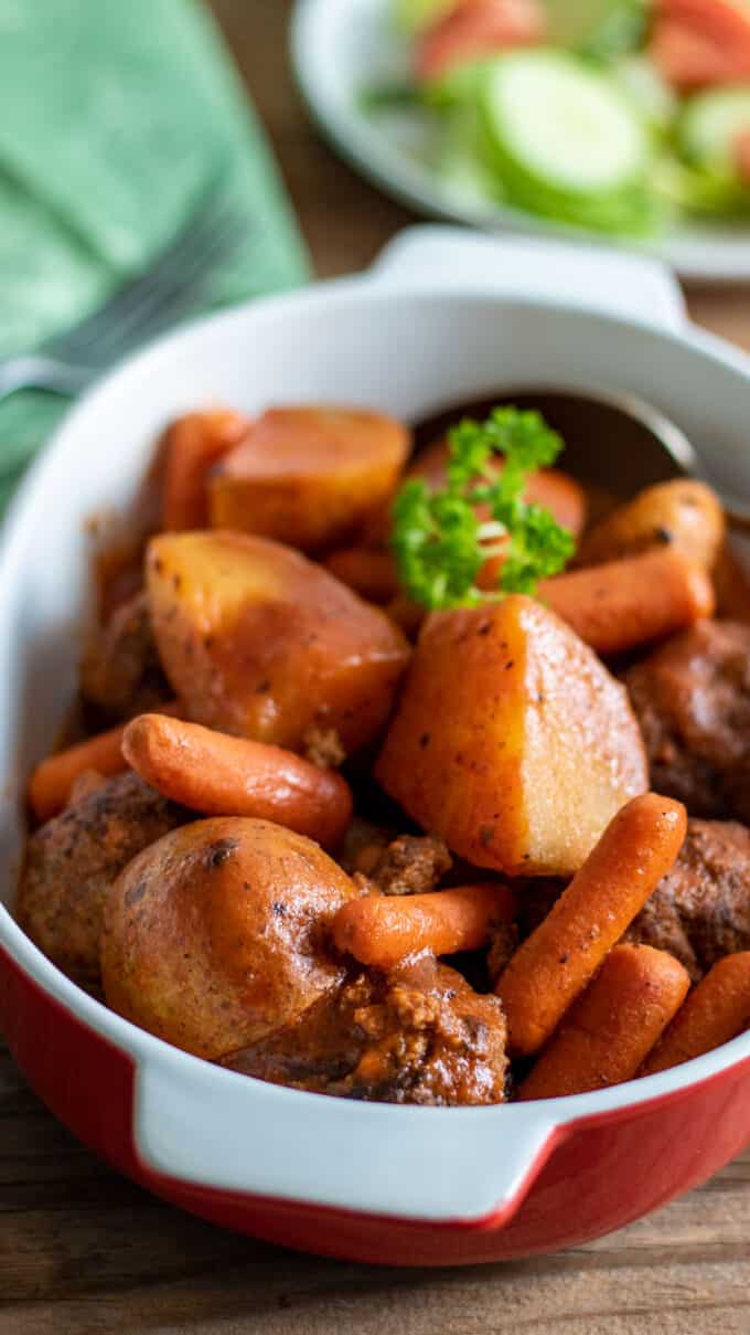 Casserole dish with stew.