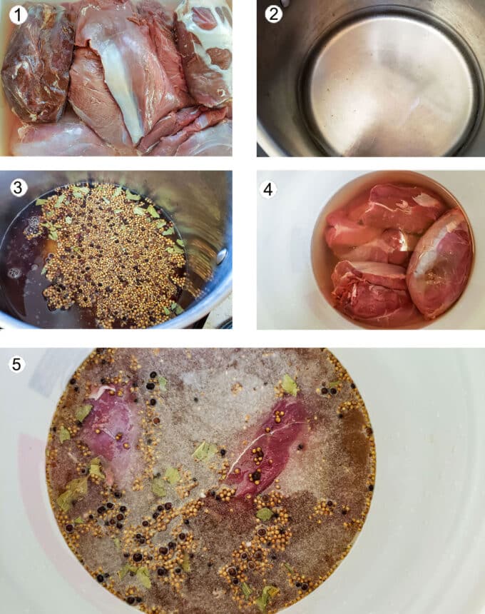 Step by step photos for curing venison. See details in recipe below.