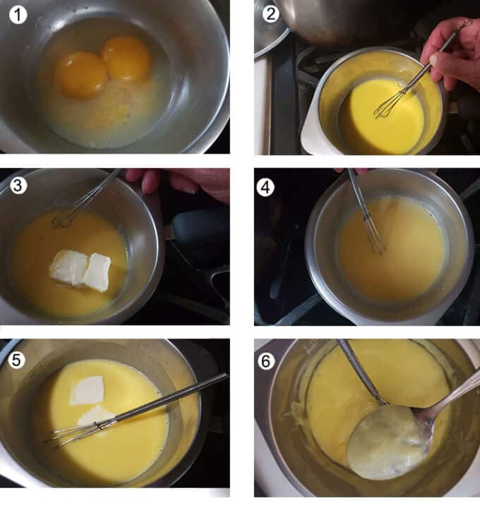 Step by step photos for making hollandaise sauce. See recipe for details.
