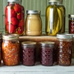Colorful jars of canned vegetables and fruits.