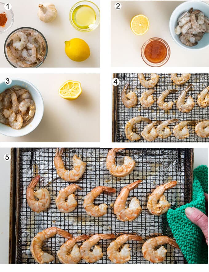 Step by step photographs of the process for making air fried shrimp. See details in recipe below.