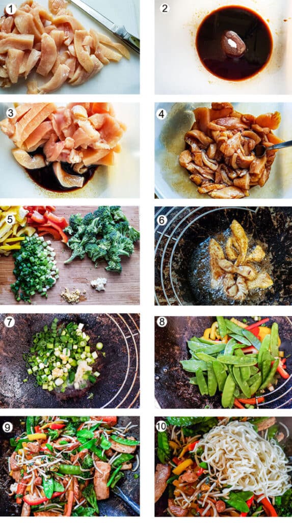 Step by step photographs of the process for making chicken lo mein. See details in recipe below.