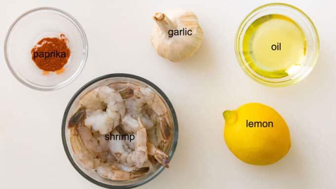 Ingredients for air fried shrimp. See details in recipe below.