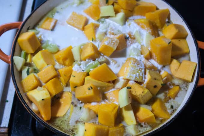 Broth and coconut milk added.