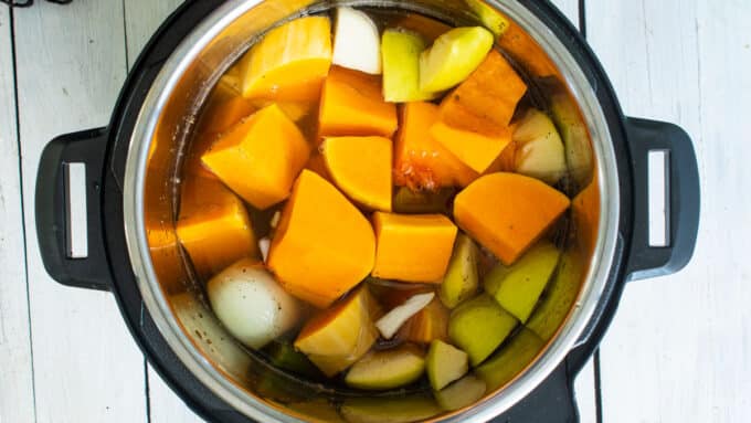 Mixed up ingredients in pot.