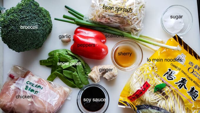 Ingredients for chicken lo mein. See details in recipe below.