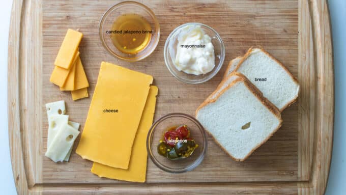 Ingredients; bread, cheese, mayonnaise, brine, candied jalapenos.